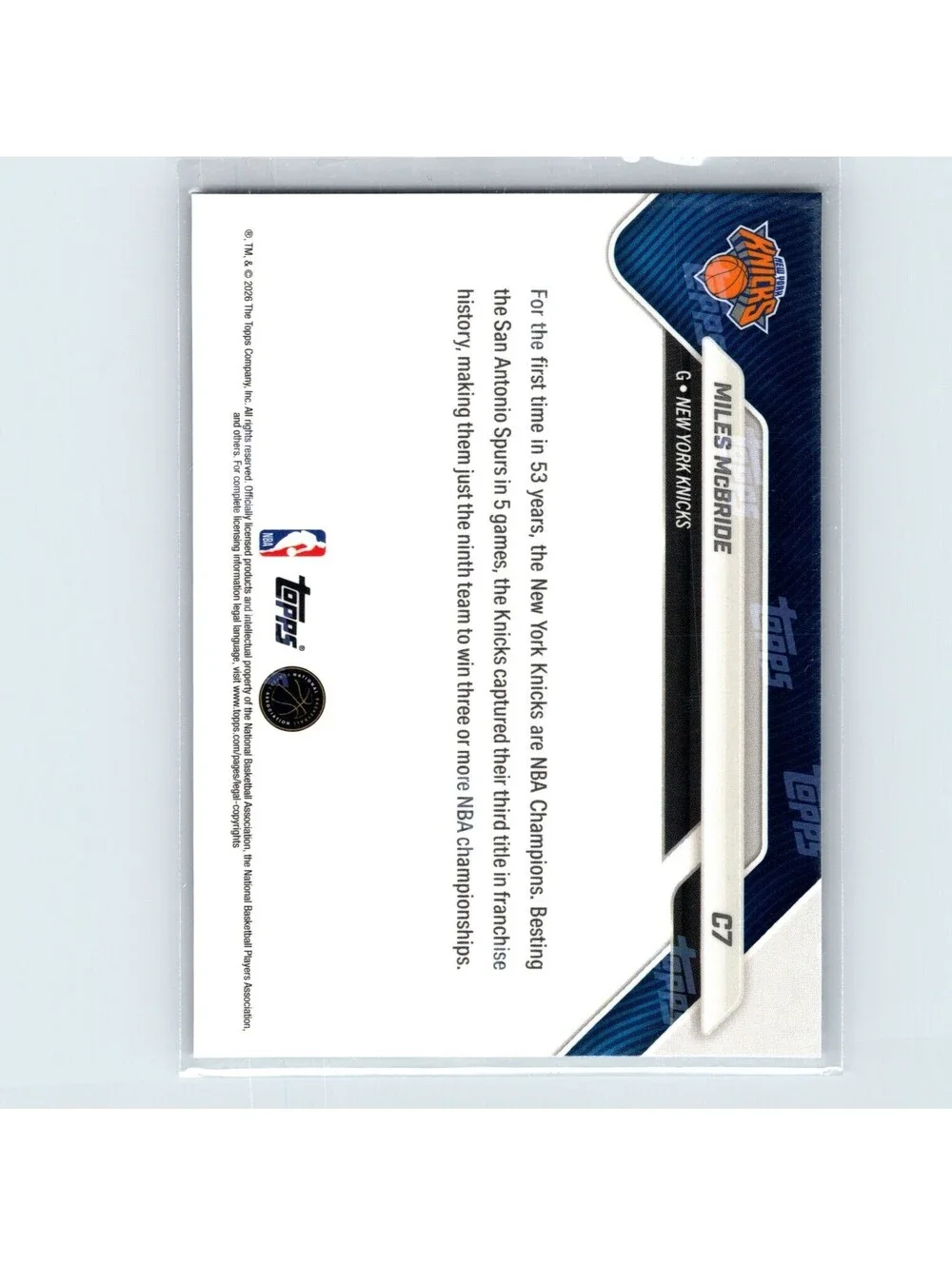 2025-26 Topps Now NBA Miles Mcbride #C7 New York Knicks Champions